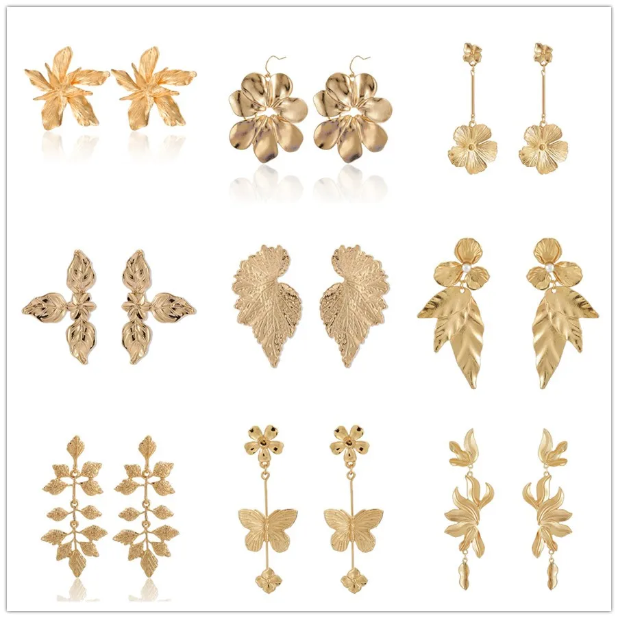 Docona 14 стильных элегантных золотых больших листьев цветов Висячие серьги для
