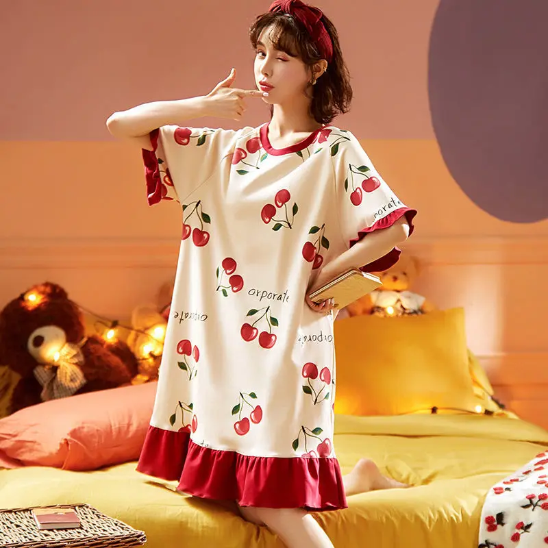 Short-sleeved Nightdress Female Summer Cotton Korean Student Loose Pajamas Female Spring and Autumn Thin Section Princess Skirt