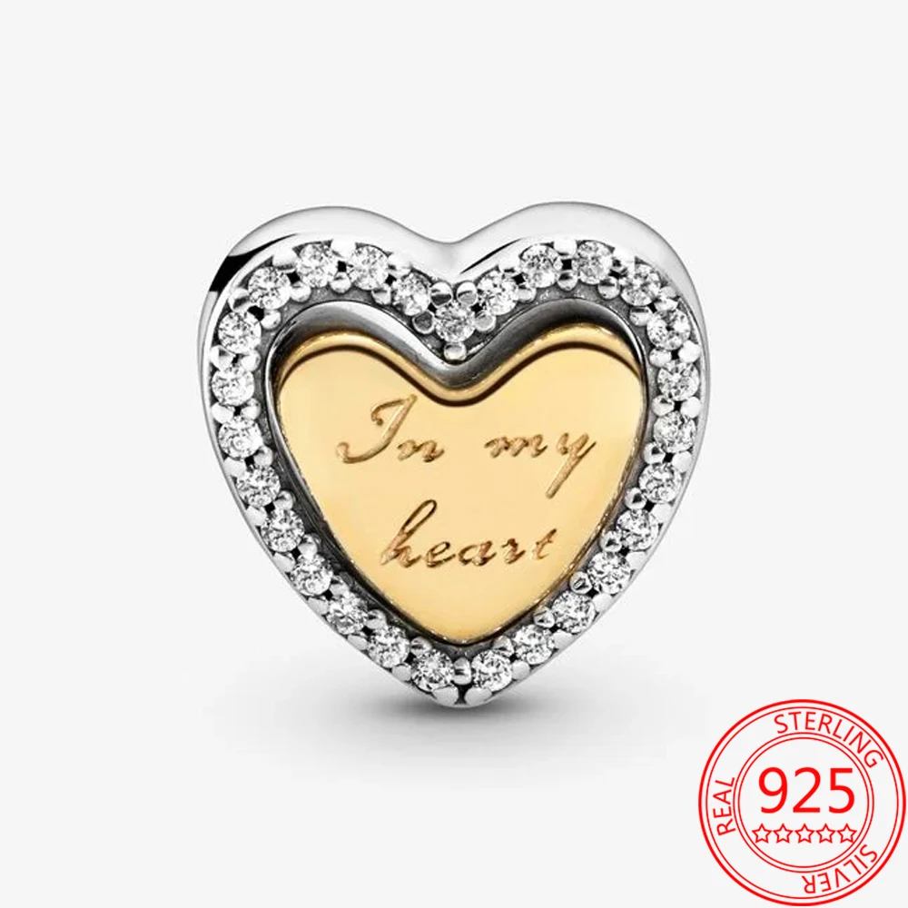 

Authentic 925 Sterling Silver Dome Gold Heart pendant Charm Fit Original Pandora 3mm Bracelet DIY Beaded Jewelry Gift Making