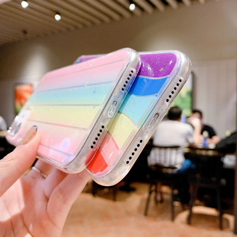 

Glitter Rainbow Stripe Phone Case for Iphone 11 Pro Max 7 8 Plus Xs Max Xr Colorful Clear Bling Soft Tpu Back Cover Fundas