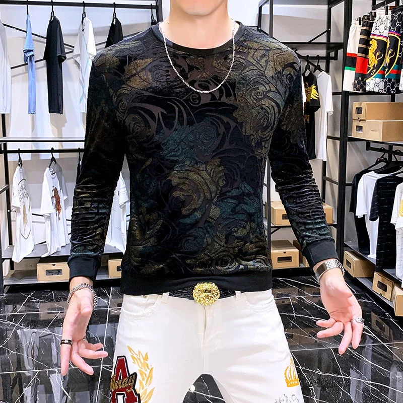 

Футболка мужская с круглым вырезом, жаккардовая дизайнерская Модная рубашка с длинным рукавом, с цветочным принтом, бархатная, в европейско...