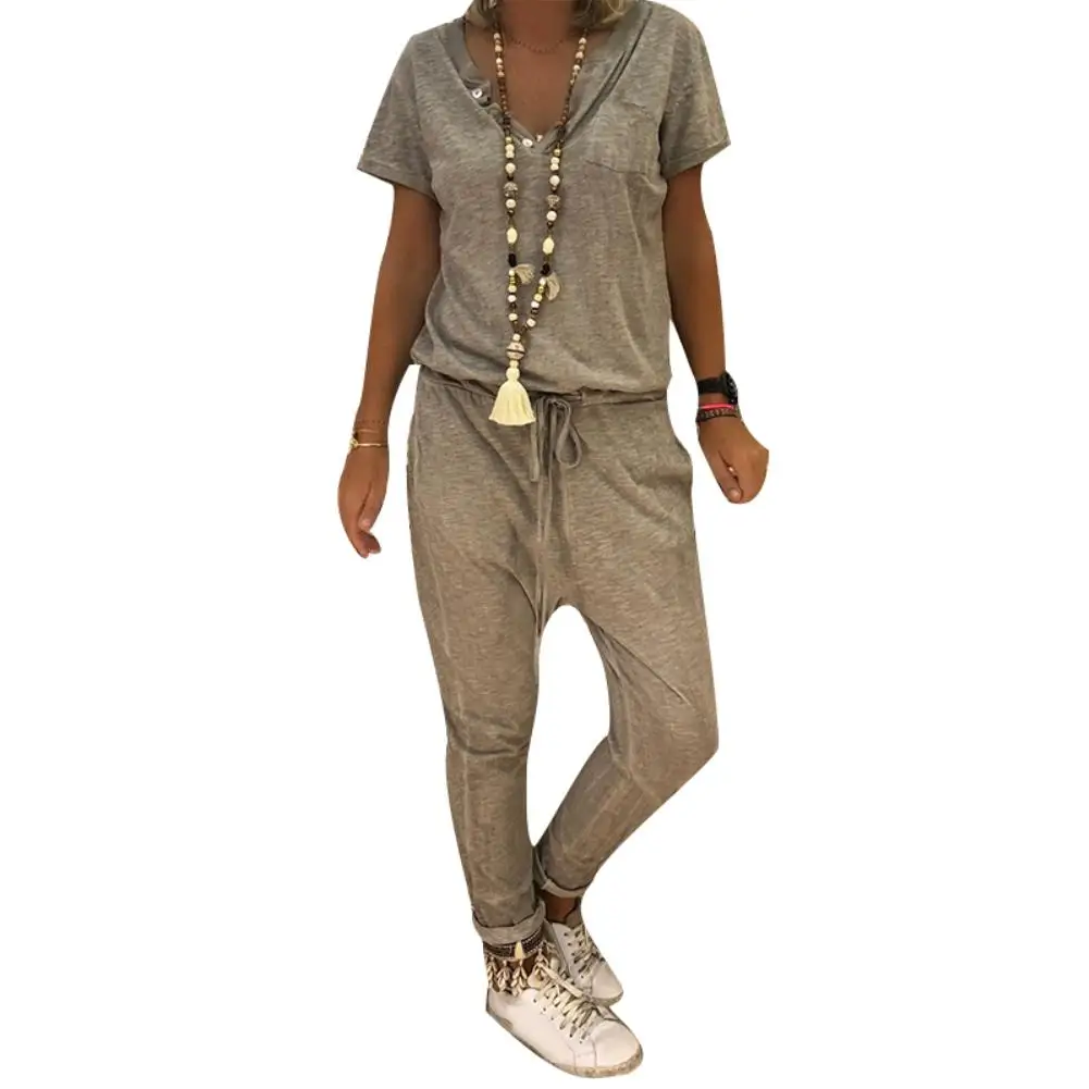 

Plus Size Solid Color V Neck Short Sleeve Elastic Waist Rompers Women Jumpsuit