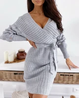 sweater dress womens surplice winter jumper female clothing wrap ribbed slim v neck knitted cardigan waist pullover