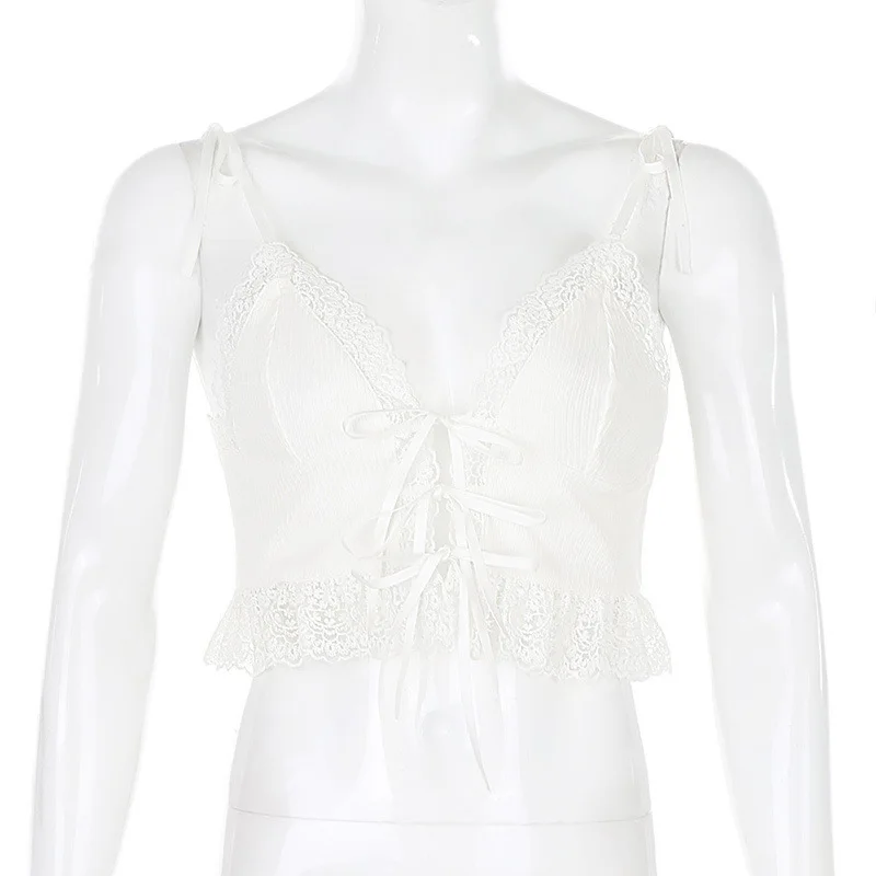 

Y2K Tie Front Top Sexy Deep V-neck Lace Trim Cami Tops Vintage Spaghetti Strap Ribbed White Cropped 90s Streetwear Sweet Girls