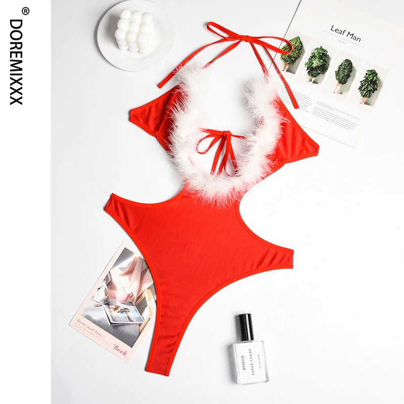 

Рождественское нижнее белье, боди с перьями и вырезами, эротические костюмы, горячее порно, нижнее белье для тела, кружевные сетчатые боди с ...