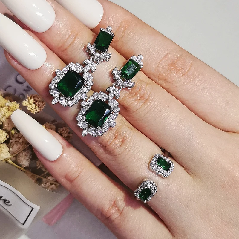 

2022 New Vintage Retro Green silver color bride African Dubai Jewelry Set Earings Rings for Wome Wedding Christmas Gift J6934