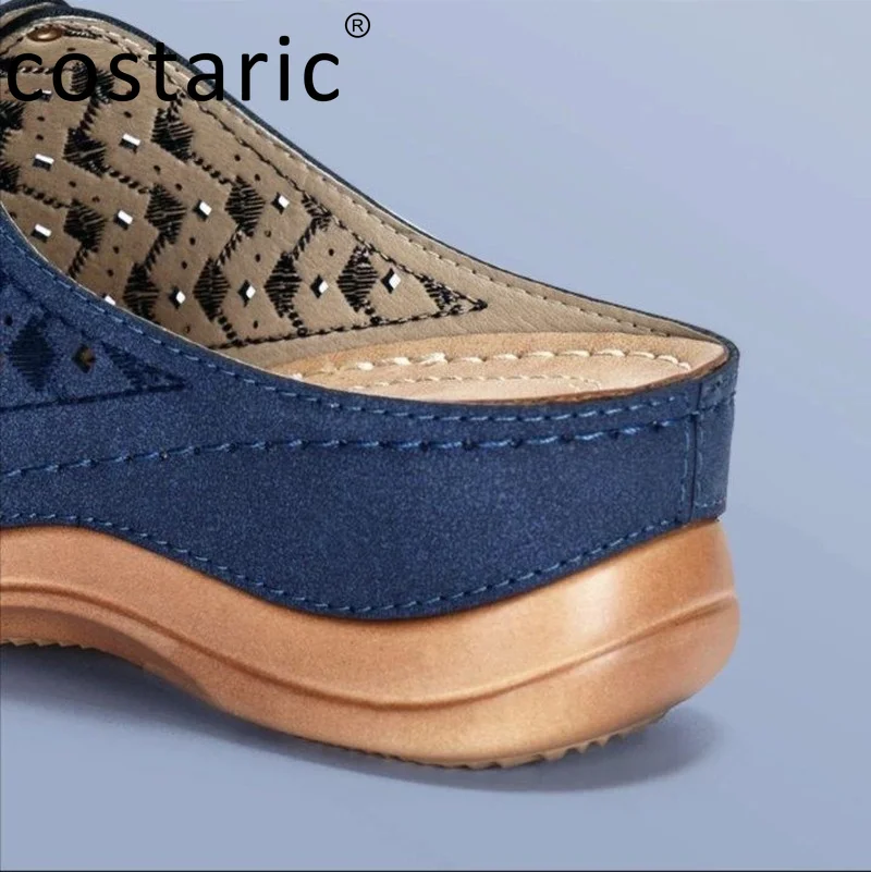 

Size 35-41 Peep Toe Wedge Women Slippers Solid Color Women Shoes Vintage Slides Women Outdoor Ethnic Bohemian Beach Slippers