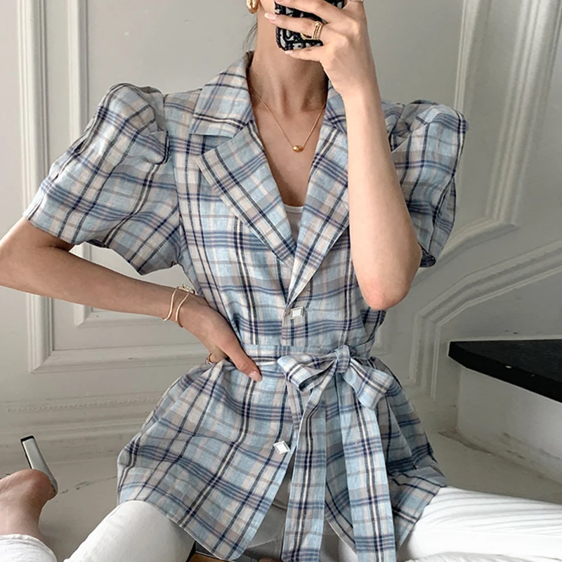 

Korejpaa Women Jackets 2021 Summer Korean Elegant Temperament Lapel Single-Breasted Lace-Up Waist Puff Sleeve Plaid Short Coats
