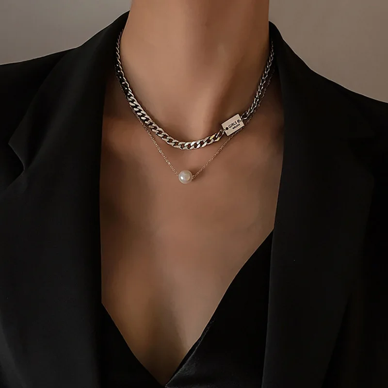 

European and American hip-hop double-layer letter pearl titanium steel necklace female temperament exquisite clavicle chain