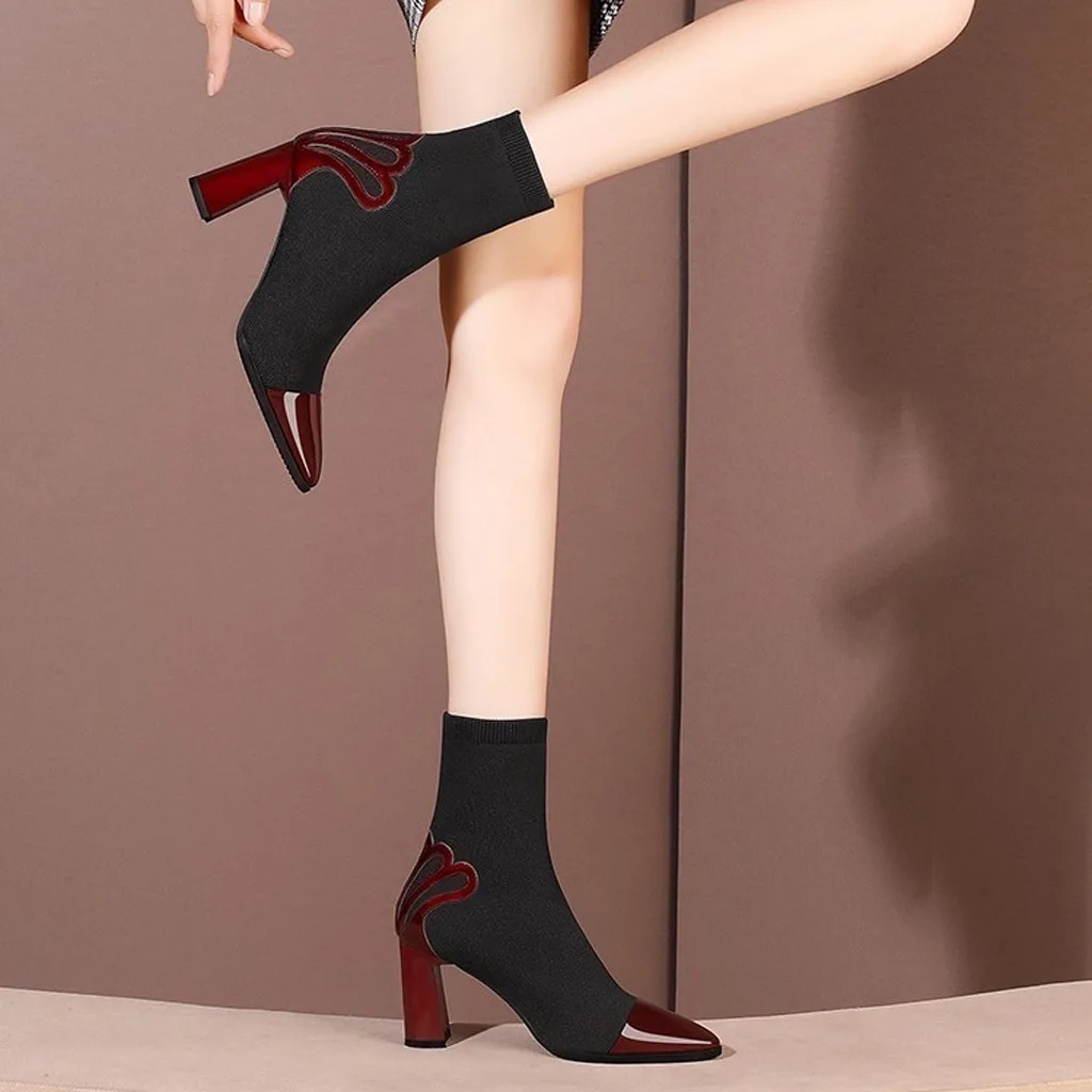 Стрейчевая ткань носки женские зимние ботинки с острым носком квадратный