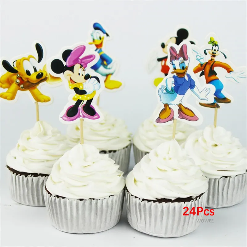 Cake Topper 24pcs 10 шт. бумажные стаканчики с Микки Маусом для дня рождения, детские украшения, товары для вечеринки, детские подарки на день рождения с Микки Маусом - Цвет: Cake Topper 24pcs