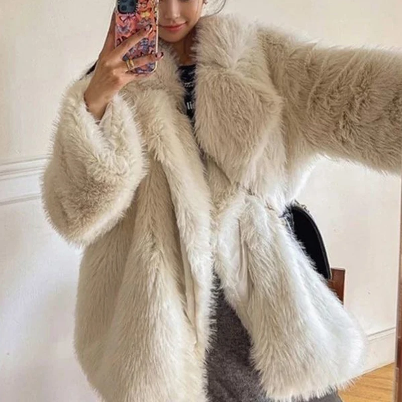 New Winter Women Faux Fox Fur Coat Female Turn Down Collar Thick Warm Long Sleeve Jacket Yellow Elegant Girl Oversized Outerwear