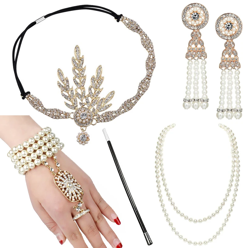 

1920s Great Gatsby Accessories Set for Women 20s Costume Flapper Headband Pearl Necklace Bracelet Earring Cigarette Holder 30