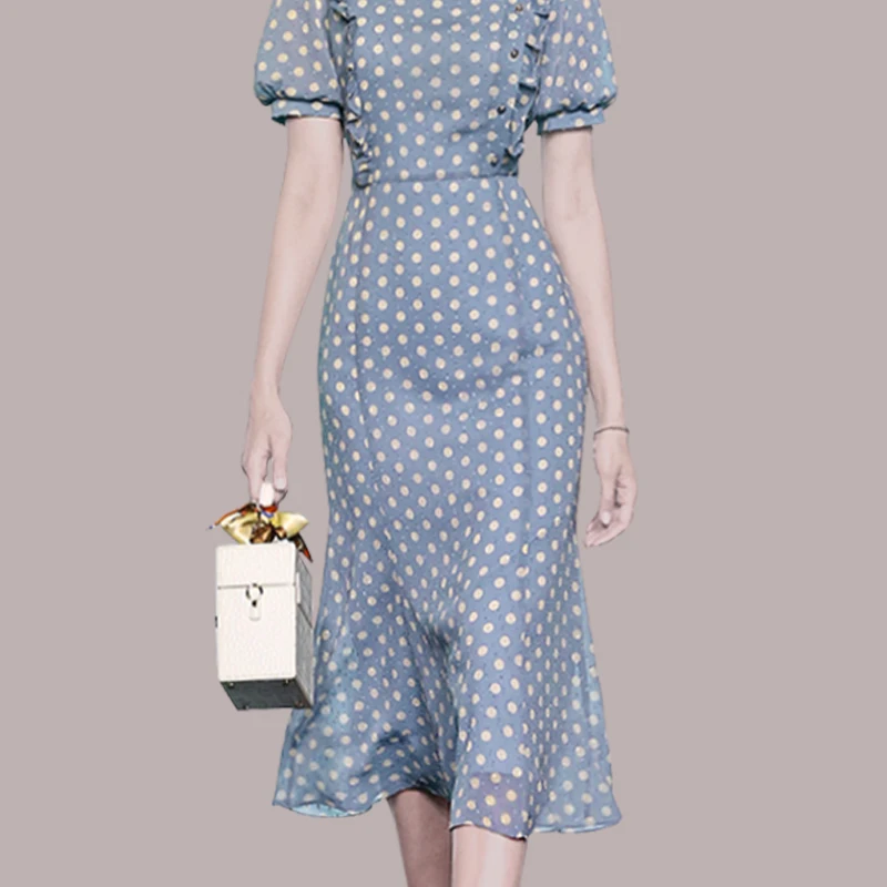 

Dot Print High Waist Thin Long Summer Dress Ruffles A-line Female Chiffon Dresses for Women Vestido Feminino T3282