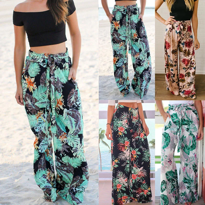 

Женские пляжные брюки Boho, модные летние повседневные длинные брюки с поясом, уличная одежда, широкие брюки для отдыха, новинка 2020