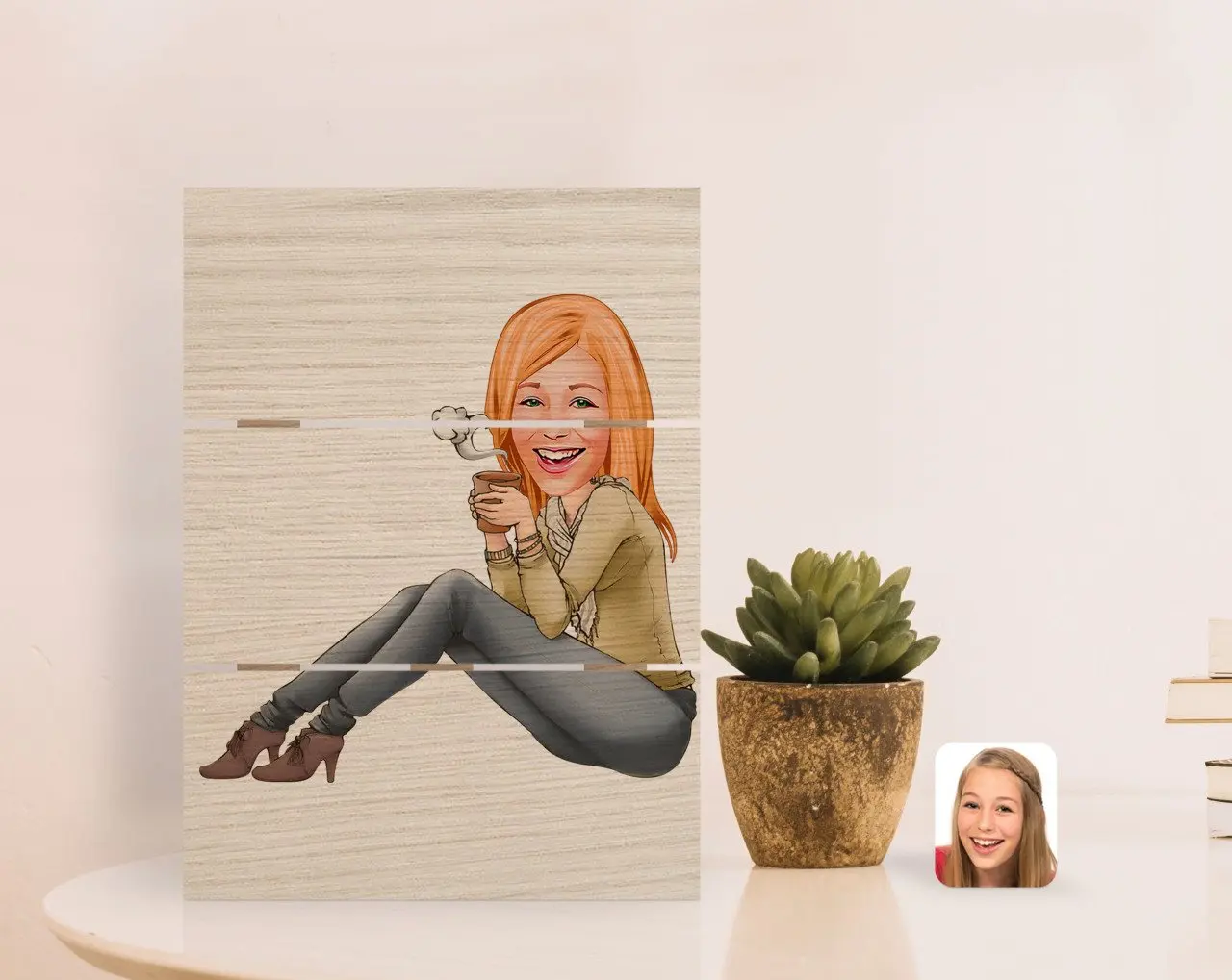 

Personalized Women 'S Caricature Of Authentic Desktop Wood Pallet Çerçeve-102