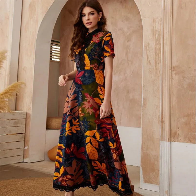 

Summer Women Leaf Print Long Dress Vintage Elegant Ethnic Abaya Short Sleeve Lace Patchwork Turkish Dubai Arabic Maxi Robe New