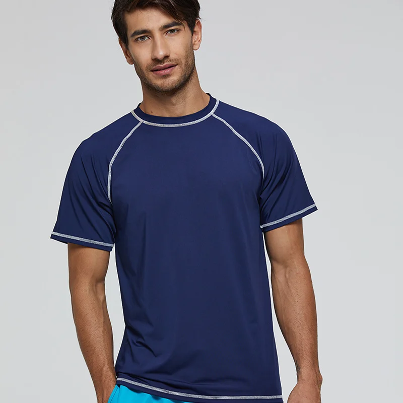 

Summer Men's Running Tights Shirt Splice Short-sleeve Design Sport Tightwear Tops Beach Sunscreen Swimming Surfing Navy T-Shirts