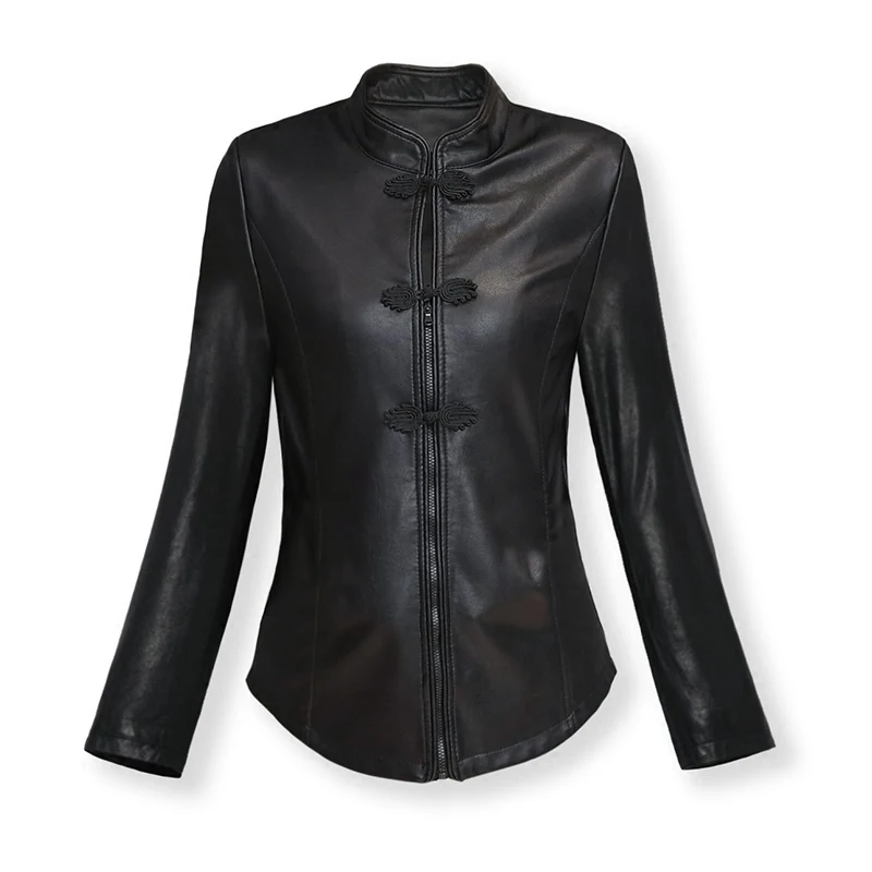 

Spring Women Rugular Slim PU Faux Leather Jackets Black Female Chinese National Style Mardarin Collar Button Zipper L1311168