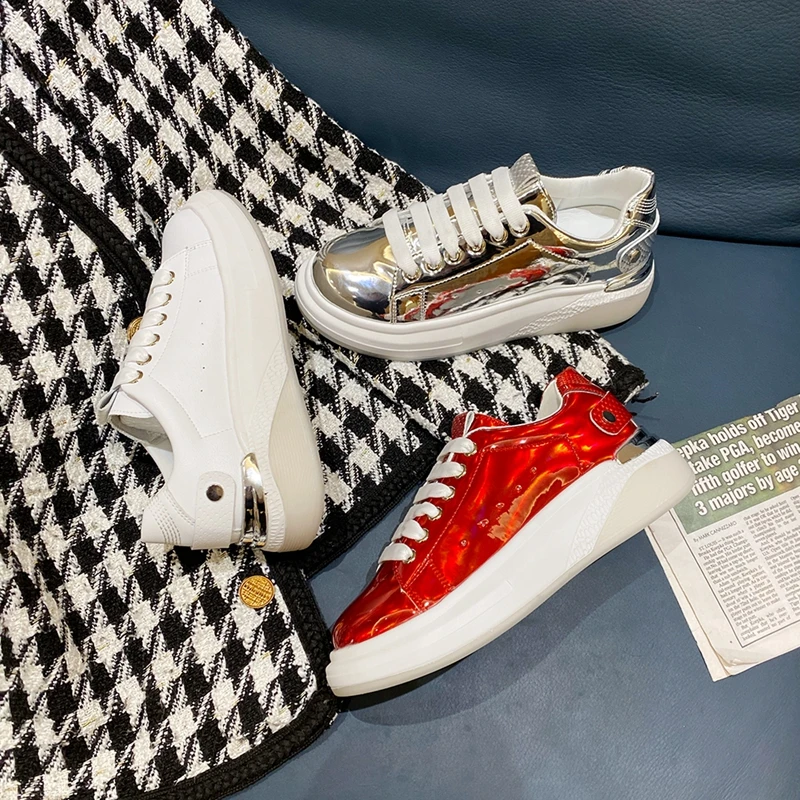 

DLEK Women Board Shoes Mirror Leather Lace-Up Red Silver Rubber Non-slip Sneakers Female Spring Summer Comfort Walking Shoes