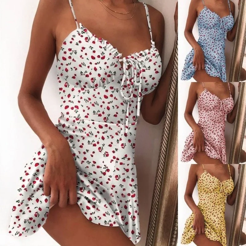 

2021 Summer New V-neck Strawberry Print Sweet Sling Dress for Women Fashion Lace-up Spaghetti Strap Boho Party Daily Sundresses