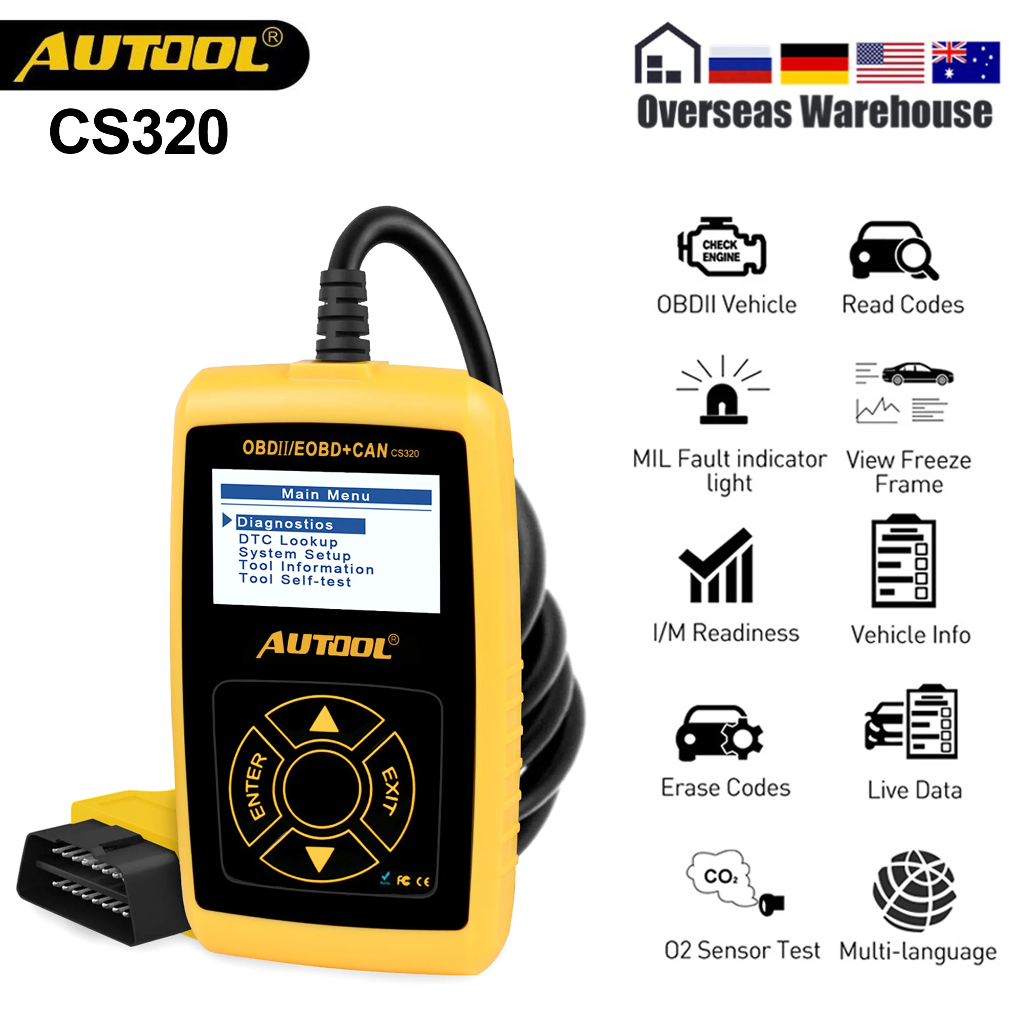 AUTOOL CS320 автомобильный полный OBD2 сканер OBD II считыватель кодов неисправностей