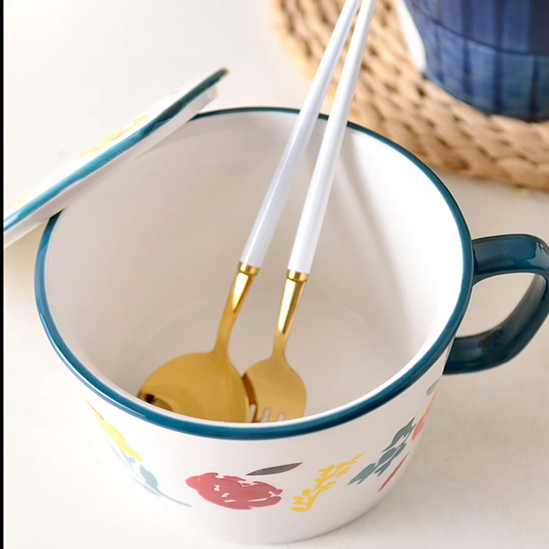 

Instant Noodles Cup Ceramic Japanese Style Breakfast Bowl with Cover Noodles Bowl Student Dormitory Convenient Noodles Bowls