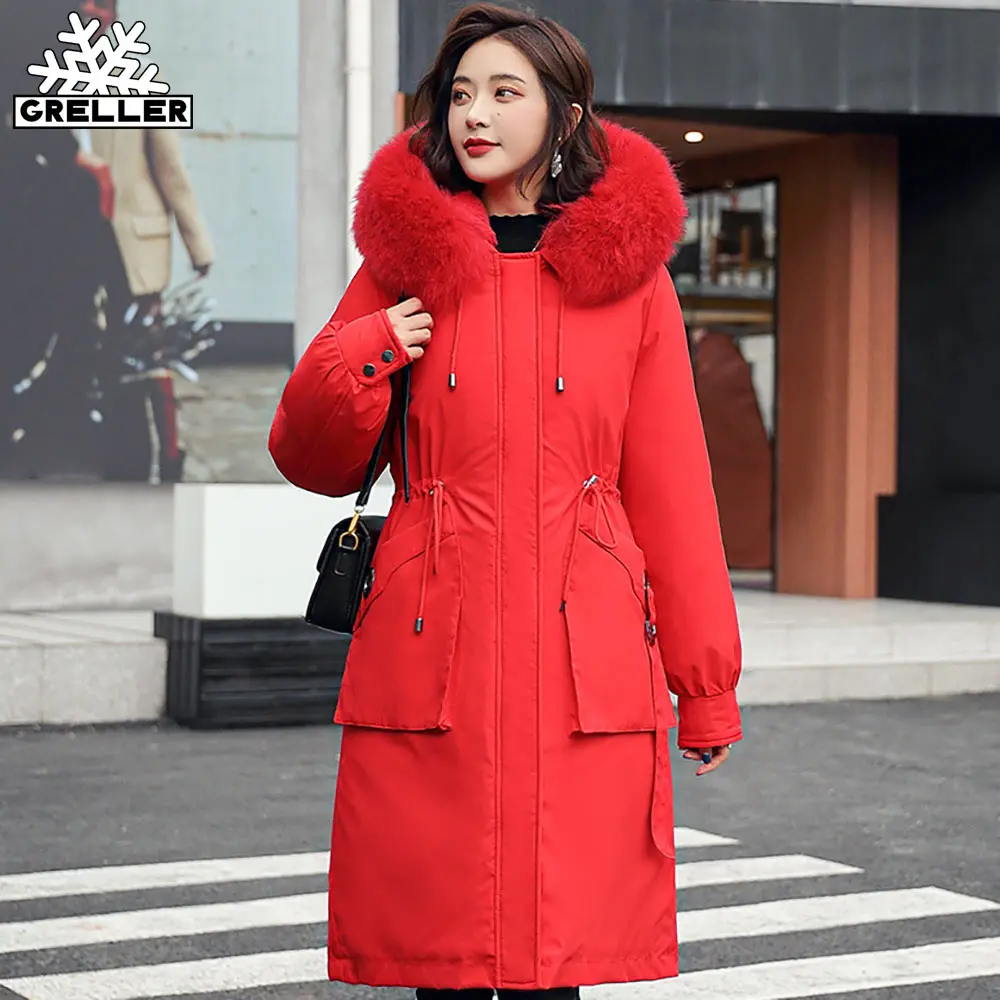 GRELLER -30 Degrees Snow Wear Long Parkas Winter Jacket Women Fur Hooded Clothing Female Fur Lining Thick Winter Coat Women