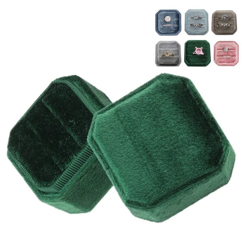 

Velvet Double Ring Box Octagon Wedding Ceremony Ring Box with Detachable Lid R2LE