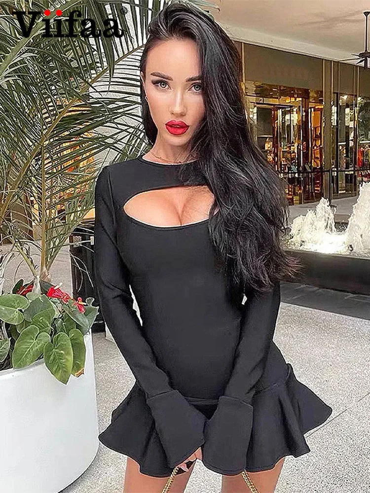 

Viifaa Black Sexy Robes Cut Out Front Bodycon Short Dress Long Sleeve Women 2022 Spring Ruffle Hem Slim Dresses Party Elegant