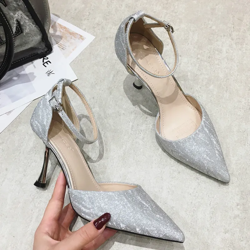 

Sexy Summer Sequined Pumps Shoes Women Shoes Glitter Thin High Heels Buckle Straps Casual Ladies Office Female Pump Woman Shoes