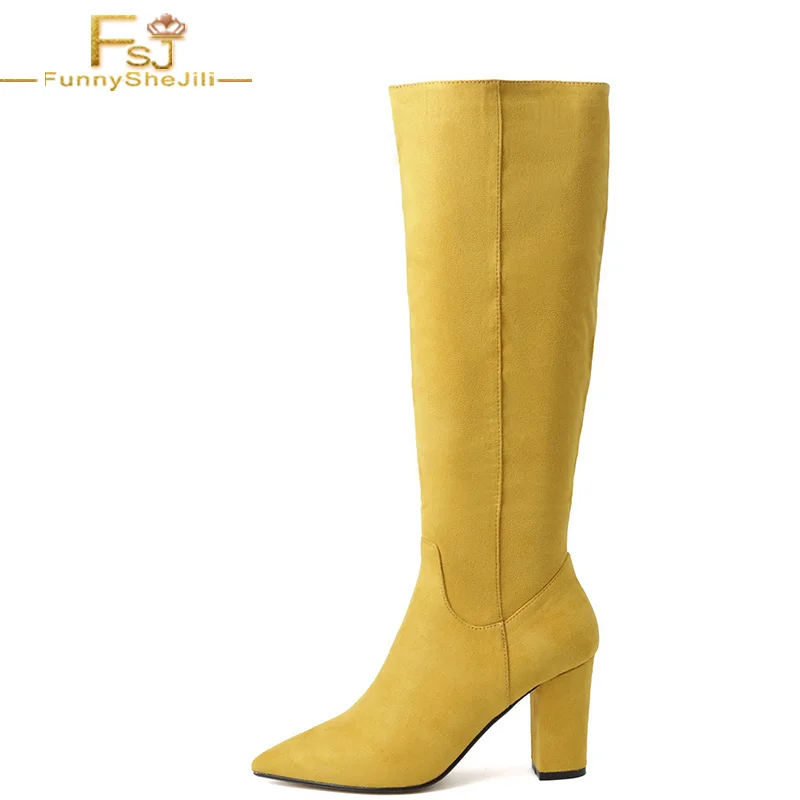 

Элегантные желтые женские сапоги FSJ на массивном каблуке до колена, модные женские сапоги с острым носком, свидание, удобные уличные длинные...