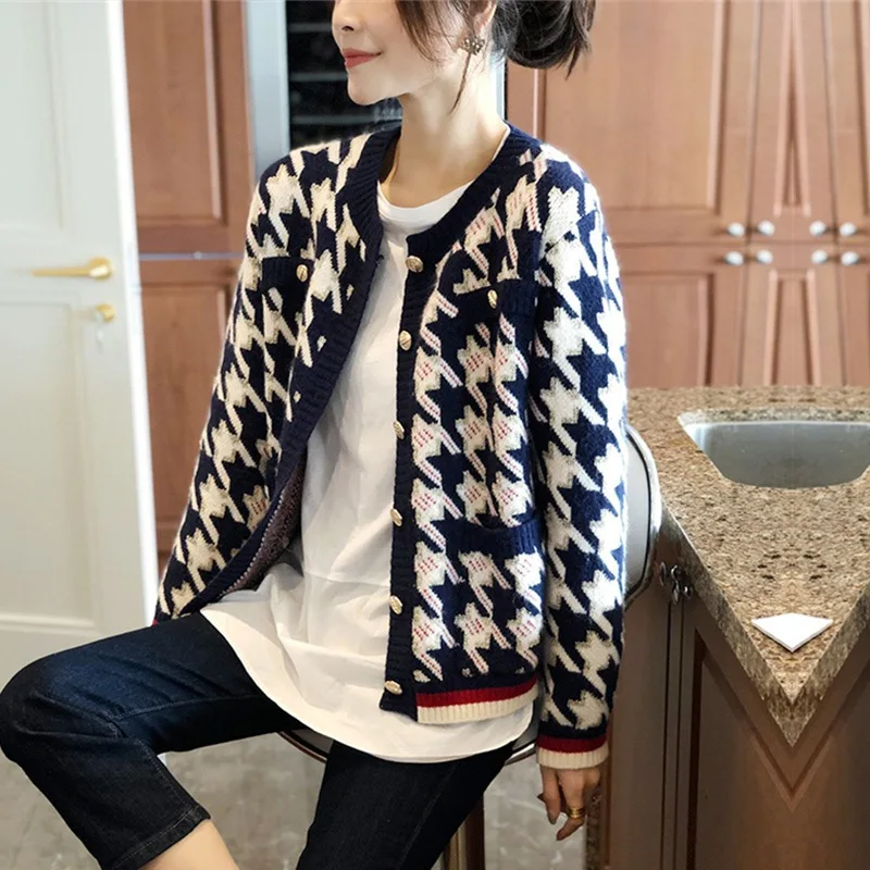 

Houndstooth Sweater Jacket Women 2021 Spring And Autumn New Style Small Round Neck Long-sleeved Short Retro Knitted Cardigan