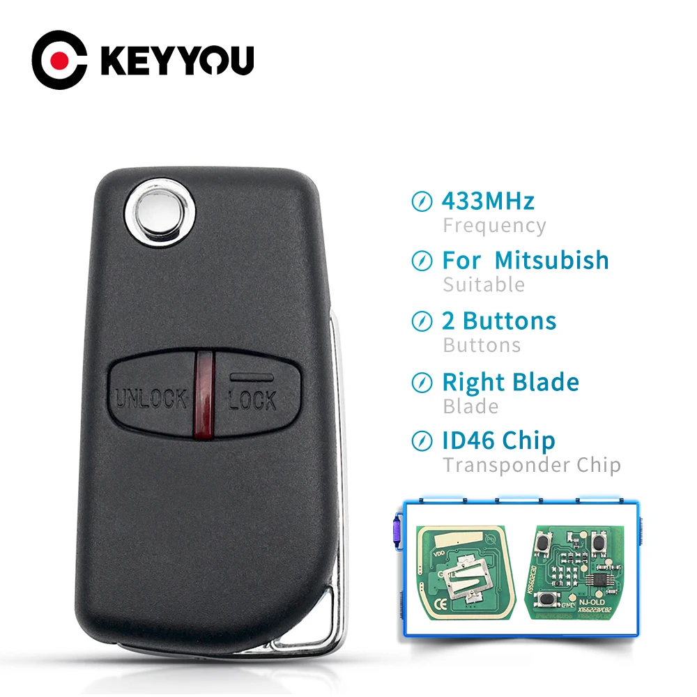 

KEYYOU 2/3 Buttons 433 MHz ID46 Chip For Mitsubishi Outlander Lancer EVO Colt Mirage Remote Car Key Fit MIT11 MIT8 Uncut Blade