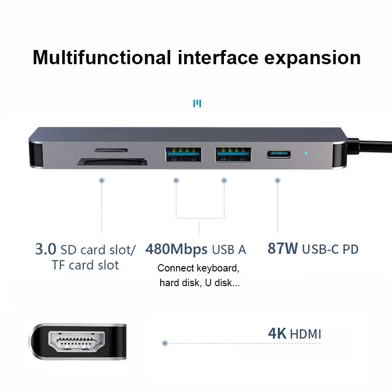 Док-станция USB Type-C/HDTV 6 в 1 4K со слотом для чтения карт памяти 3 0 TF SD PD MacBook Pro/Air/Huawei Mate