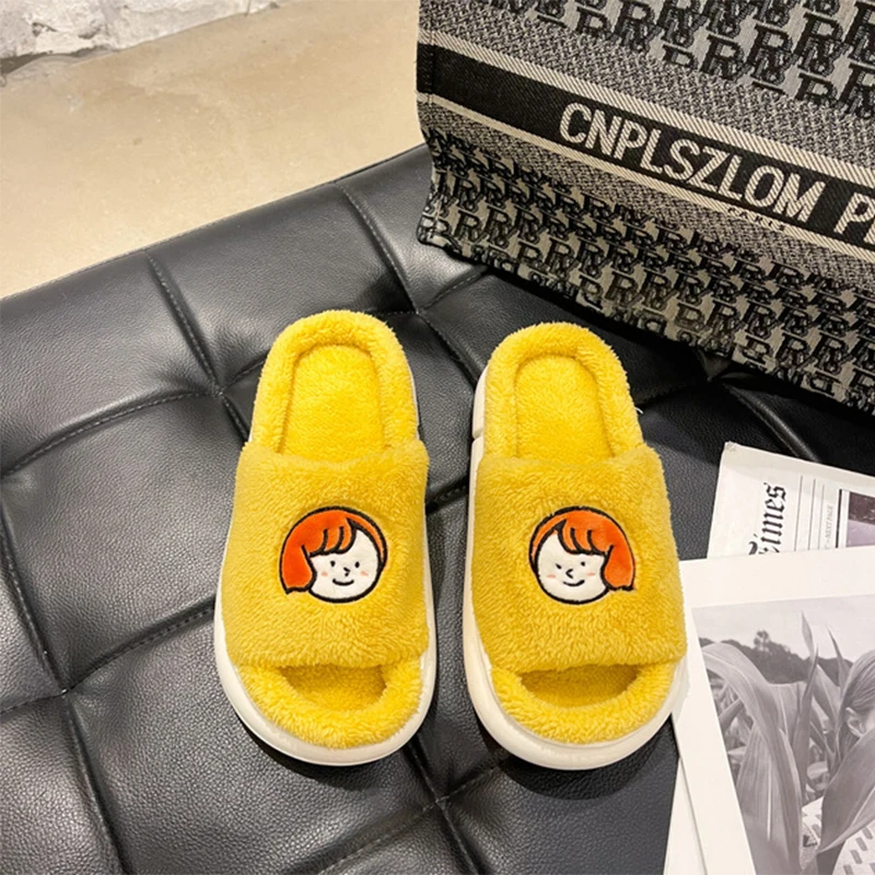 Winter Indoor Women Slippers House Plush Warm Fur Cute Cartoon Faux Fur Fashion Home  Couples Slip On Flats Floor Shoes 45