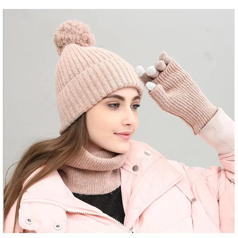 Pink Женские однотонные вязанные шарф и шапка, перчатки, наборы, перчатки без пальцев, рукавицы, зимние комплекты для девочек, темно-розовый шарф, комплекты - Цвет: Pink