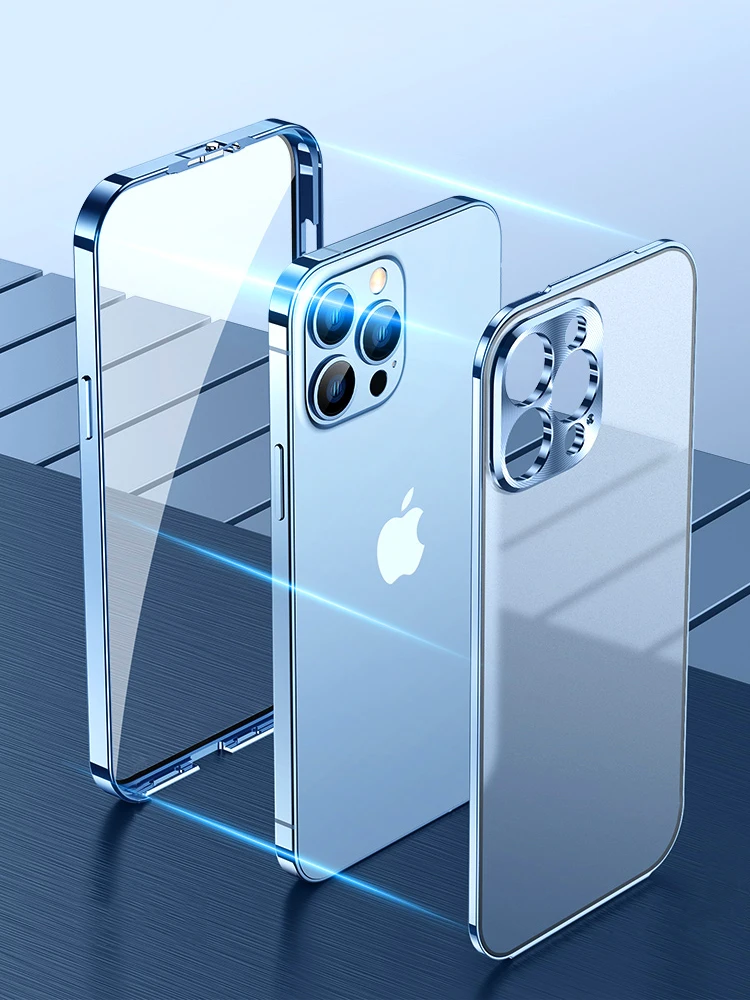 Luxury Double-sided Tempered Glass Aluminum Metal Bumper Case For iPhone 13 Pro Max 13Pro 360 Protective Matte Back Cover Coque