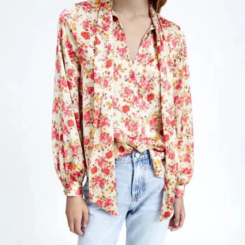 

Осень 2021, модная рубашка Woemn с цветочным принтом, винтажная однобортная женская рубашка с длинным рукавом и галстуком-бабочкой, шикарный топ...