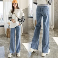 6669 wide leg side split denim maternity full long jeans cotton belly loose pants clothes for pregnant women pregnancy trousers