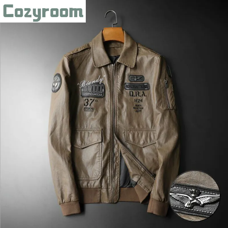 

Куртка-Авиатор мужская кожаная, Модная приталенная, из искусственной кожи, мотоциклетное пальто, Осень-зима