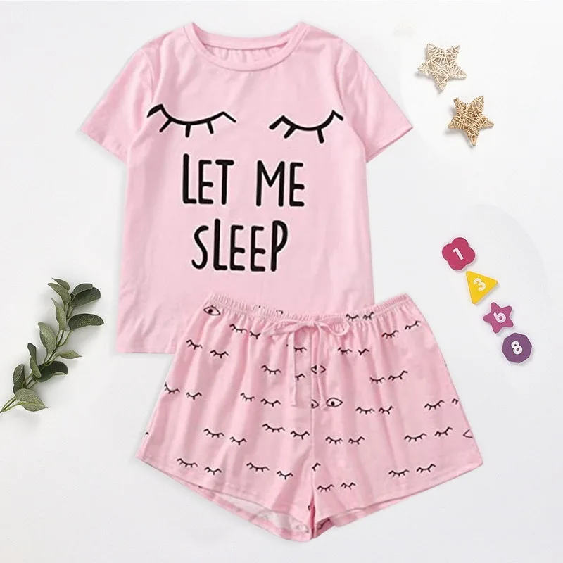 

Womens Homewear Cute Cartoon Printed Pajamas Set Casual Short Sleeve T-Shirt Sleepwear Nightwear Set Summer Pyjama For Women Set