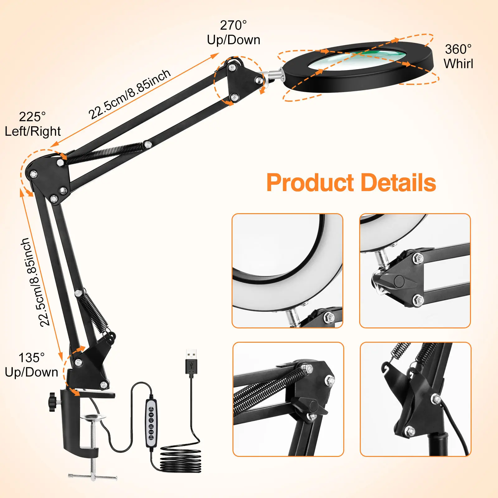 

Desk Large 5X USB LED Magnifying Glass 3 Colors Illuminated Magnifier Lamp Loupe Reading/Rework/Soldering