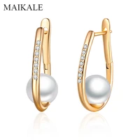maikale simple 9mm white natural pearl earrings rose gold zirconia stud earrings with pearl for women fine jewelry girls gifts