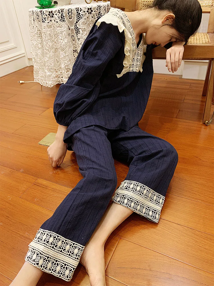 

Simple Pajamas 2 Piece Set Women Sweet Cute Princess Long-Sleeved Lace Sleepwear V-neck Cotton Temperament Casual Homewear Beige