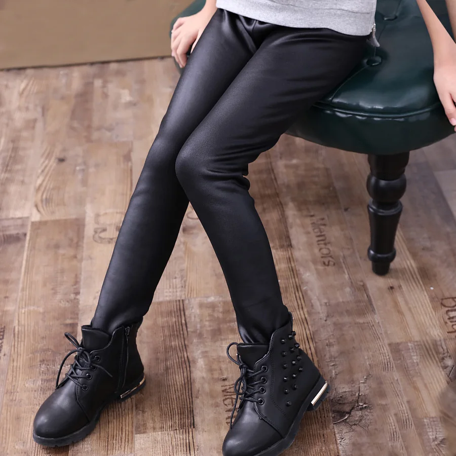 Леггинсы из искусственной кожи для девочек зимние теплые вязаные леггинсы детей