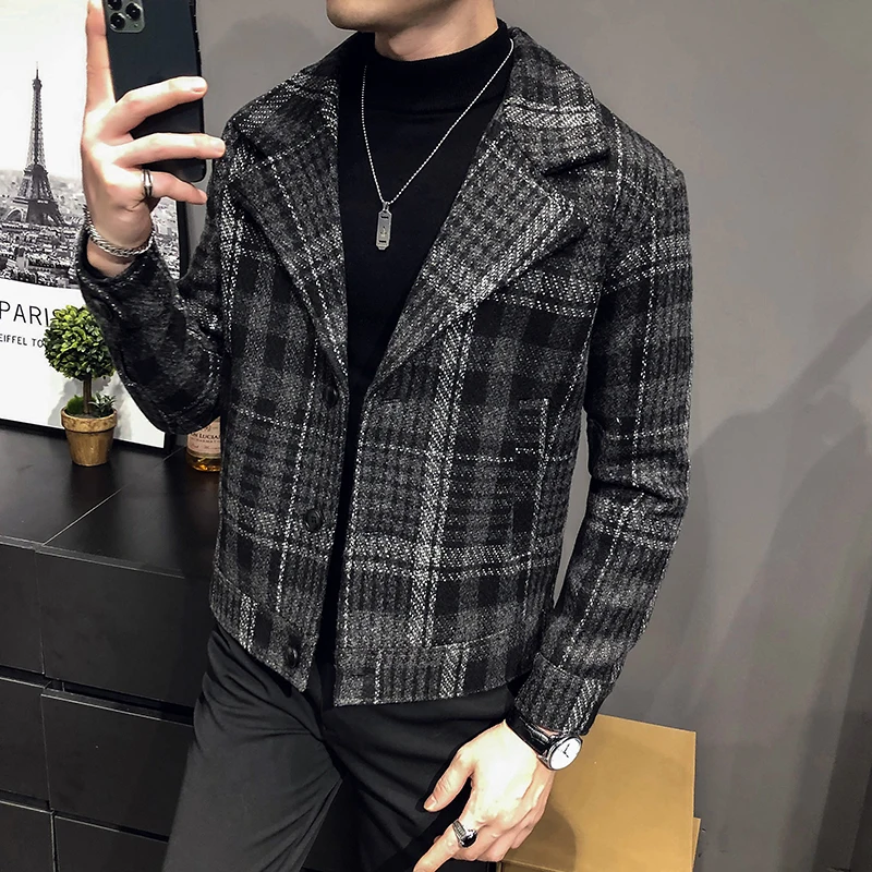 

2021 Spring Autumn Men's Fashion Slim Warm Woolen Jackets Male Short Trench Coats Men Plaid Lapel Wool Blends Overcoats O671