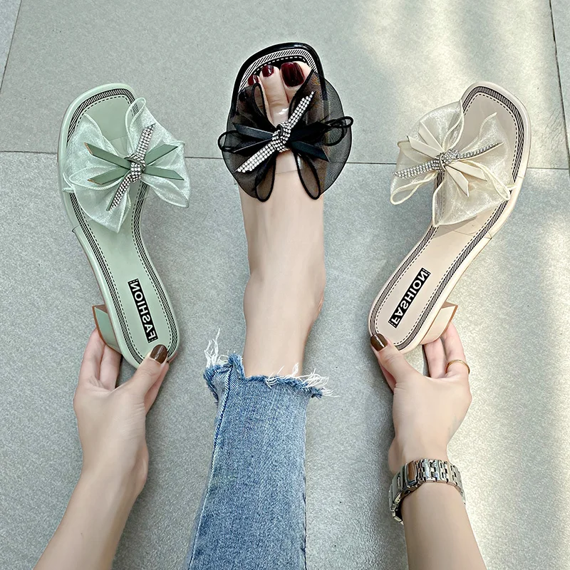 

Female Shoes Med Slippers Soft Butterfly-Knot Slides Jelly Flip Flops Women Heels Fashion 2021 Comfort Glitter High Luxury
