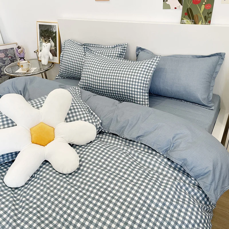 

2022 New Bedding Sets Plaid Quilt Cover Pillowcase Bed Flat Sheets Blue Duvet Cover Sets Twin Full Single King Kids Bedclothes