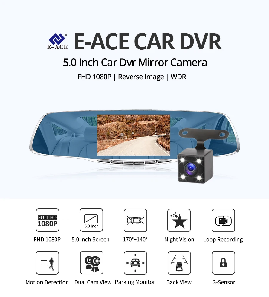 Новинка Full HD 1080P автомобильная Dvr камера Авторегистратор 5 дюймов Зеркало заднего вида Цифровой видеорегистратор Два объектива Регистратор Видеокамера